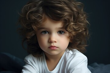 Portrait of a cute little boy with curly hair on dark background, A cute baby with fluffy hair, A pretty boy, AI Generated