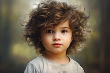 Portrait of a cute little boy with curly hair in the park, A cute baby with fluffy hair, A pretty boy, AI Generated