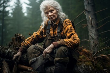 Hardworking Lumberjack old woman forest. People face. Generate Ai