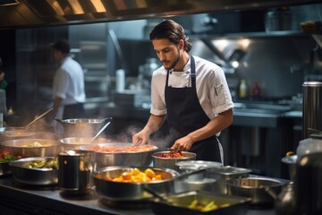 Handsome chef preparing food in commercial kitchen of hotel or restaurant, A gourmet chef cooking...