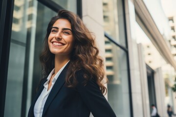 Portrait of a beautiful young business woman in a business suit smiling, A happy businesswoman standing outside an office building, AI Generated