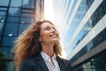 Portrait of a smiling businesswoman looking away while standing in the city, A happy businesswoman standing outside an office building, AI Generated