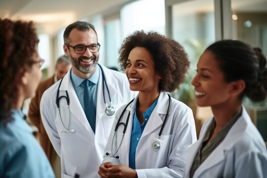 Smiling medical doctors with stethoscopes standing in a row, A group of happy doctors meeting at the hospital office, AI Generated