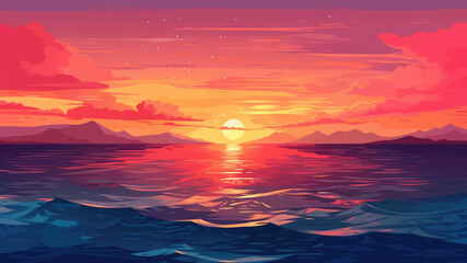 Fototapeta na wymiar Beautiful orange and pink magenta sunset in the sea. Summer beautiful panoramic landscape background, watercolor or anime cartoon style.