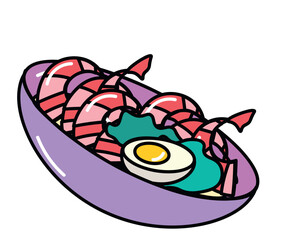 China product of food colorful set. . The design showcases a delightful seafood salad, reflecting the intricate balance of ingredients and the rich heritage of Chinese cuisine. Vector illustration.