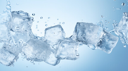 Ice cubes with water splashes on blue background. 3d rendering