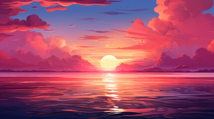 Beautiful orange and pink magenta sunset in the sea. Summer beautiful panoramic landscape...