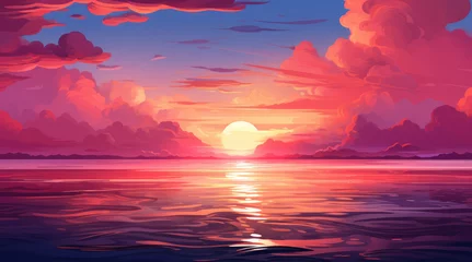  Beautiful orange and pink magenta sunset in the sea. Summer beautiful panoramic landscape background, watercolor or anime cartoon style. © ribelco