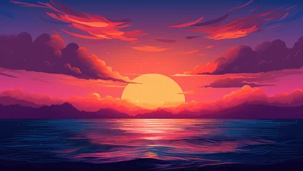 Poster Beautiful orange and pink magenta sunset in the sea. Summer beautiful panoramic landscape background, watercolor or anime cartoon style. © ribelco