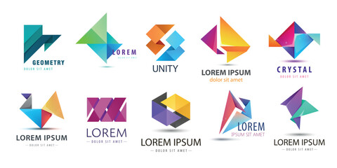 Vector set of abstract logo design, geometric technology icons, business 3d shapes collection. Origami, crystal forms and dual emblems.