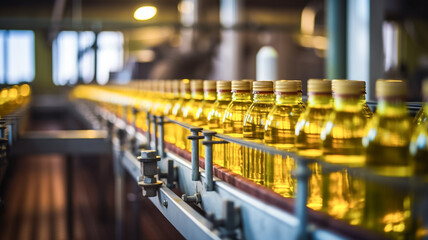 Sunflower oil in the bottle moving on conveyor belt-type line. Sunflower oil production factory.
 - obrazy, fototapety, plakaty