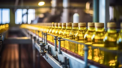 Fotobehang Sunflower oil in the bottle moving on conveyor belt-type line. Sunflower oil production factory.  © BlazingDesigns