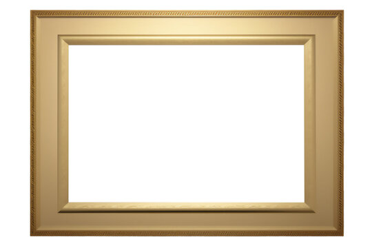 Gold gilt landscape picture frame with an empty blank canvas for use as a border or home décor, png file cut out and isolated on a transparent background, stock illustration image