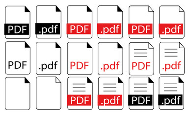 collection of pdf icons | pdf icon sheet | black, white and red pdf and paper symbols with different corners
