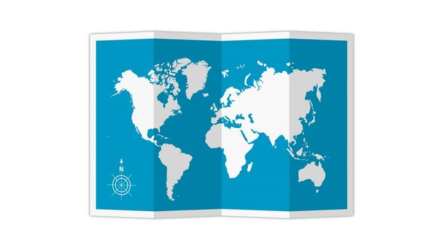 4K animation of opening quad-fold world map ( mov, transparent background )