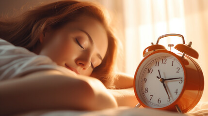 closeup alarm clock on blur woman sleeping on the bed. Generative AI. - obrazy, fototapety, plakaty