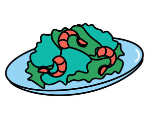 Product for dinner of food colorful set. This food-themed illustration captures the essence of a delightful dinner, featuring a vibrant salad with shrimps as the star. Vector illustration.