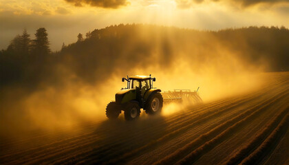 Side view of a tractor with harrow is plowing a field for sowing seeds into purified soil at sunset...