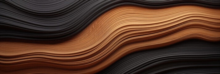 Wood art background illustration. Abstract closeup of detailed organic black and brown wooden waving waves wall texture banner wall, overlapping layers.