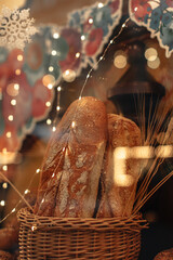 Fresh grain bread in a wicker basket in a baked goods store