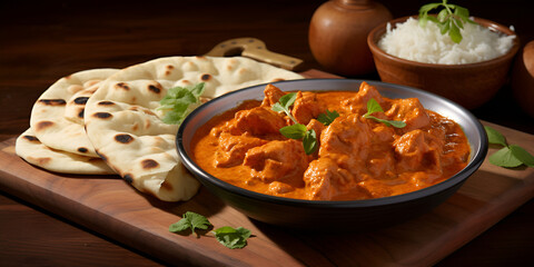 chicken curry with rice, A bowl of chicken curry with naan bread on a wooden table. A bowl of chicken tikka masala with naan bread on the side, generative AI

