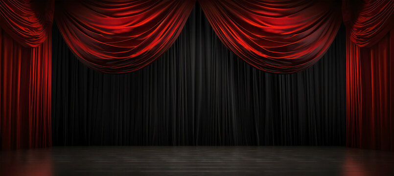 Dramatic Red Theater Curtains on Black Stage. The elegance of the theater captured in a still image, featuring rich red velvet curtains parting on a dark, empty stage, inviting anticipation