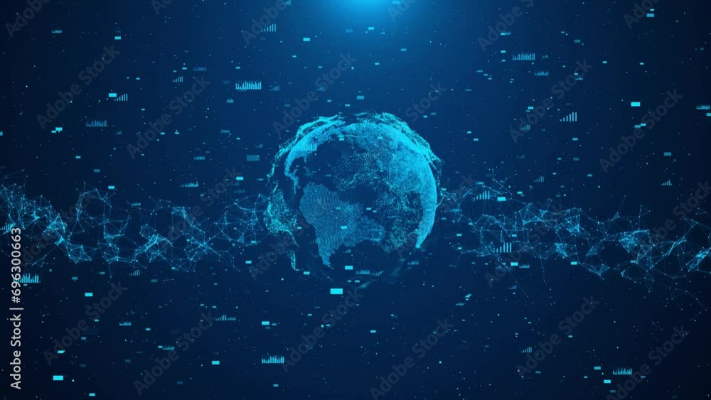 Poster 4k 3d global network connection earth planet with shapes abstract blue background. tech hud grid vid