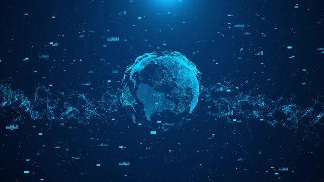 4K 3D Global Network Connection earth planet with shapes abstract Blue background. tech HUD grid video, blue news studio background, high-tech digital product promotion, corporate promotion.