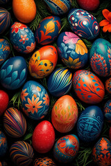 Fototapeta na wymiar Eggs painted on Easter background wallpaper.