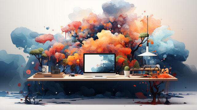 Flat Design Illustration, Web Design, Stylish Desk, White Background, Creative, Workspace, Design, Desktop Environment, Illustration, Generative AI
