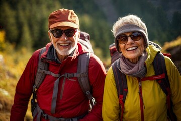 Happy senior couple hiking with trekking sticks and backpacks in young pine forest enjoying nature and having good time in their retirement - obrazy, fototapety, plakaty