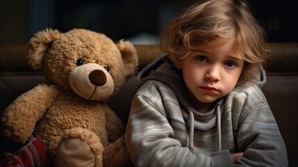 Little child boy sitting next to a teddy bear toy