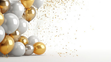 Obraz na płótnie Canvas Festive background with silver and gold helium balloons. Celebrate a birthday, Poster, banner happy anniversary. Realistic decorative design elements. 3d object ballon, white background color.