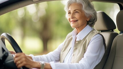 Beautiful senior woman driving car and looking at camera on blurred background