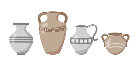 Ancient Greek Vases and Jars Set isolated. Ceramic Vases Collection. Cartoon Vector Illustration. Antique Style Pottery Clay Simple Jars