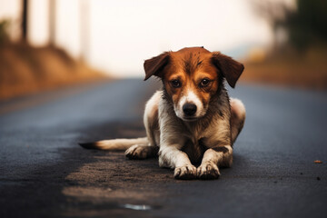 A sad abandoned dog on the road. Homeless or missing pet. Generative AI