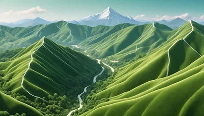 Zelfklevend Fotobehang Abstract light and dark green with hills and mountain  illustration landscape wallpaper background © Sheuli