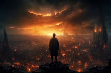 Forsaken Man apocalypse city. Night disaster. Generate Ai