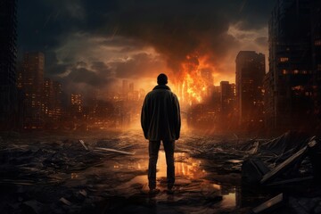 Eerie Man apocalypse city. Night disaster. Generate Ai