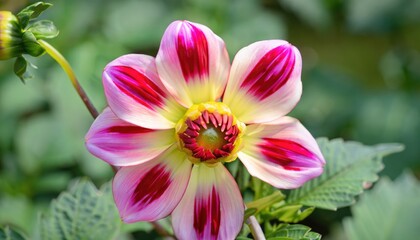 Beautiful Dahlia flower close up photo at nature with a green background