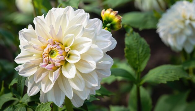 Beautiful Dahlia flower close up photo at nature with a green background