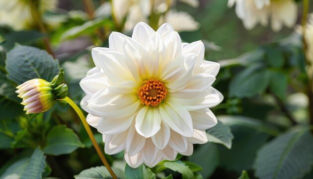 Beautiful Dahlia flower close up photo at nature with a green background