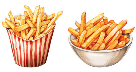 Set of French fries watercolor illustration fast food png isolated on a transparent background, clipart  - obrazy, fototapety, plakaty