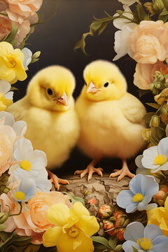 Easter background with yellow chicks and spring flowers.