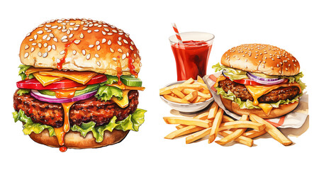 set burger and fries watercolor illustration fast food png isolated on a transparent background, clipart  - obrazy, fototapety, plakaty