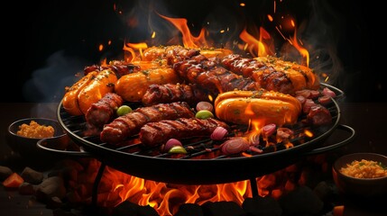 BBQ cookout. A sizzling barbecue with burgers hot. AI generate illustration