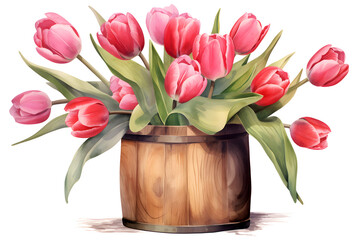 vector illustration Bouquet of tulips in a wooden vase on a white background, 