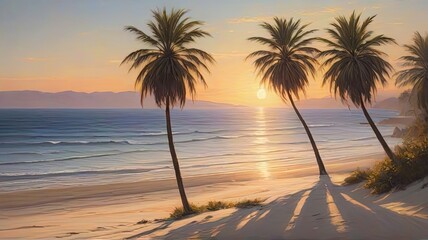 A Breathtakingly Realistic Sea Sunset Silhouetted Against Majestic Palm Trees.