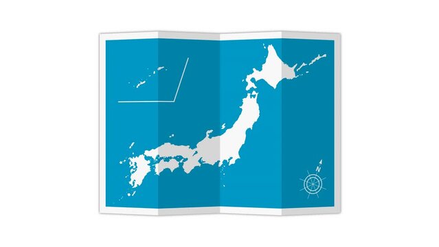4K animation of opening quad-fold Japan map ( mov,  transparent background )