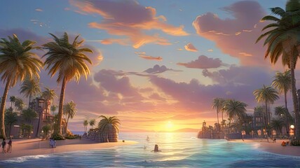 Fototapeta na wymiar A Breathtakingly Realistic Sea Sunset Silhouetted Against Majestic Palm Trees.